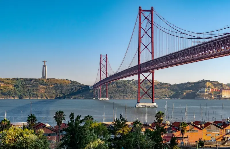 The 25 de Abril Bridge over the Tagus River in Lisbon, Portugal